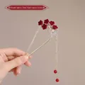 U-shaped hair pin with red flowers, butterfly crystals, and long tassel pendants - Butterfly and Morning Glory - Gold