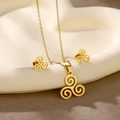 Detailed view of golden Celtic knot jewelry set including necklace and earrings on tray - Celtic Knot (TZ-457)