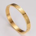 Detailed macro view of gold stainless steel bangle with Greek key pattern and zircons - 8mm / Gold