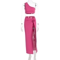 Detail von rosenrotem Crop-Top und Schlitzrock mit dekorativer Blumenapplikation - S / Rosarot