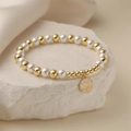 Elegant gold beaded bracelet with pearls and a sparkling micro-pave round pendant - White Zirconia Pave Round Disc Pendant