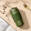 Olive green stainless steel vacuum coffee mug with anti-slip vertical ribs and flip lid - 380ml / Gen 3 with Silicone Sleeve / Green