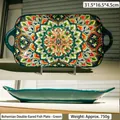 Bohemian ceramic rectangle fish plate with green mandala patterns and handles - Bohemian Oval Fish Plate / Green