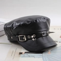 Black punk style flat top beret in faux leather with silver spikes and metal rivets - Punk Studded Flat Top / Black