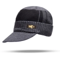 Close-up of knit winter visor hat with a 1989 golden metal logo on a brown leather patch - 58-63CM Fleece Lined Thickened / Single Hat Grey