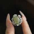 Vintage silver ring with oval green gemstone and floral engravings on adjustable band - Silver Oval Green Main Stone Flower Leaf Engraved Ring (J7033)