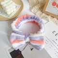 Soft purple pink and white striped plush headband with large bow for face washing - Tricolor Purple