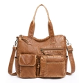 Vintage brown leather tote bag with multi-pockets and adjustable shoulder strap for women - Brown Style 1