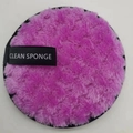Pink microfiber reusable makeup remover puff with black trim and clean sponge label - Purple Pineapple Grid