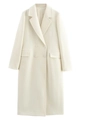 Eleganter cremefarbener zweireihiger langer Wollmantel mit Revers und Pattentaschen - XS / Weiß