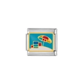 Detail of silver stainless steel charm featuring a colorful beach umbrella and cooler - Y19 (Beach Umbrella)