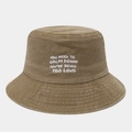 Detail of washed khaki canvas bucket hat with white embroidered text on the front - M (56-58cm) / Khaki