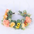 Floral bridal crown with orange roses, yellow sunflowers and eucalyptus leaves on white ribbon - Orange Yellow Rose Combo