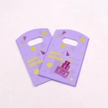 Purple small plastic gift bag with yellow Happy Birthday stars and cake print - No.29-Purple Birthday Cake