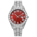 Close-up of luxury iced-out watch with red dial, Roman numerals and silver diamond strap - Silver Red Dial