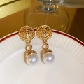 Vintage style gold hollow disc earrings with white pearl pendants on ceramic plate - 10# Silver Earring Post Gold Vintage Round Pearl Tassel Earrings