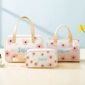 Three-piece PVC makeup bag set with floral patterns and convenient top handles - Pink Plum (3-Piece Set)