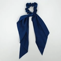 Navy blue satin hair scrunchie with long ribbon streamers for elegant ponytails - Blue