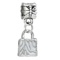Silver alloy shopping bag charm bead with white enamel patterns for DIY bracelets - White Enamel Shopping Bag Dangle (#26)