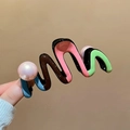 Colorful wavy shark hair claw clip in vibrant pink and green tones with pearl accents - Shark Clip - Red and Green Contrast