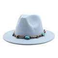 Detail of the bohemian style turquoise beads and braided band on a light blue felt fedora - M (56-58cm) / Sky Blue