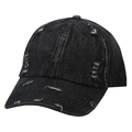 Close-up of a distressed black denim baseball cap with stylish ripped holes and vintage finish - One Size / Black (Slight Distressed)