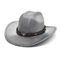 Silver grey western cowboy hat with metal bull skull buckle and leather band - M(56-58cm) / Silver Gray