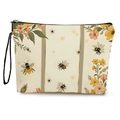 Portable makeup bag with bee and floral print, creamy canvas with black wristlet strap - Bee Orange Floral Vertical Stripe (xy-078-2) / With Strap