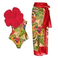 Costume da bagno monospalla tropicale con fiore rosso e pareo coordinato con stampa pappagallo - S / Set Pappagallo Rosso Con Fiore Gigante