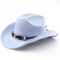 Detail view of light blue suede cowboy hat featuring bohemian beaded ethnic band decoration - M(56-58cm) / Light Sky Blue