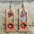 Halloween guillotine wooden drop earrings with red blood splatter on stone background - Natural Wood Guillotine
