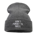 Gray knitted beanie with white embroidery text 'DON'T FORGET TO SMILE' for winter warmth - Dark Gray