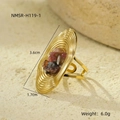 Golden oval stainless steel ring with colorful mosaic stones and concentric texture - Gold Multi-color Stone Style (NMSR-H119-1)