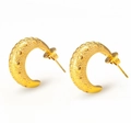 Golden C-shaped stainless steel earrings with embossed heart pattern and textured finish - Gold Heart Embossed Relief Process