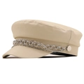 Classic cream PU leather newsboy cap with elegant silver chain and metallic buttons - M (56-58cm) / Beige
