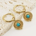 Boucles d'oreilles créoles dorées en acier inoxydable avec pendentifs turquoise bleue - Style Rayon de Soleil Turquoise Bleu (481)