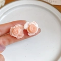 Pink resin rose flower stud earrings with pearlescent finish and multi-layer petals - Silver Earring Post - Pink / Pink
