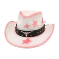 Detail of pink and white wool felt cowboy hat with silver bull head buckle and star patterns - White with Pink Star