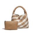 Handwoven tote bag set in white and khaki leather with a matching small zipper pouch - Apricot and White