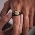 Vintage men's titanium steel ring featuring an oval bumblebee jasper gemstone inlay - US-9 / Gun Black-Tiger's Eye