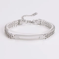 Close-up of a silver stainless steel braided chain bracelet with a rectangular plate - Steel