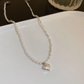 French style pearl and silver bead necklace featuring a polished heart pendant - Silver Heart Pendant Style (HN2148) / Silver