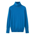 Detailed view of royal blue knit sweater with decorative gold buttons on sleeves - S / Sapphire Blue