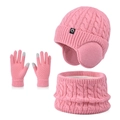 Pink winter knit set for kids featuring earflap hat, thick neck gaiter and touch gloves - 3-Piece Set - Solid Watermelon Red
