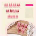 Uñas postizas almendradas degradadas en rosa con corazones 3D rojos y gotas de agua - Estilo de Fluido Corazón Degradado Rosa (2XC1-13874) / 24 Piezas/Caja (Incluye Kit de Herramientas)
