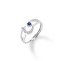 925 silver moon and star open ring with blue stone and white zircon stones - Adjustable Open / Women's Style (J0332)