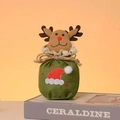 Green linen Christmas reindeer drawstring gift bag with plush elk and festive red hat - Reindeer with Solid Bottom