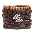 Handmade multilayer leather bracelet set with brown wood beads and tree of life charm - Brown 5-Piece Set