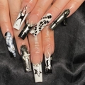 Lange eckige Press-On Nails mit Chrom-Flammen, Marmor-Textur und 3D-Stern-Verzierungen - Mit Kleber (JP3339)