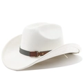 Detail of white suede western cowboy hat featuring grey ribbon and brown leather strap - Cream
